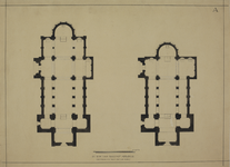 214416 Plattegronden van de door bisschop Adelbold gebouwde Domkerk te Utrecht; met en zonder verlengd koor. Een in c. ...